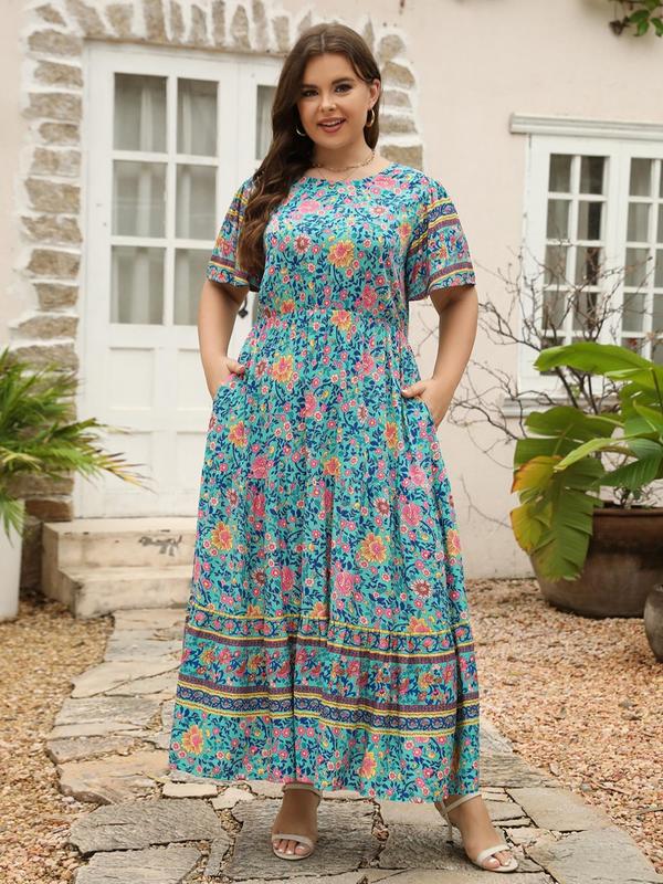 【Plus Size】 Ditsy Floral Print Dress, Fashion Casual Short Sleeve Dress for Daily Holiday Vacation Wear, Women Plus Clothing for Spring 4