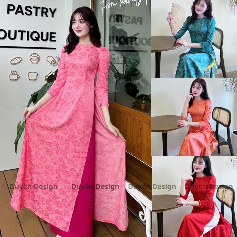 SẴN HÀNG Áo dài gấm Kim Cương dáng ôm cổ tròn tay bồng đính ngọc cao cấp