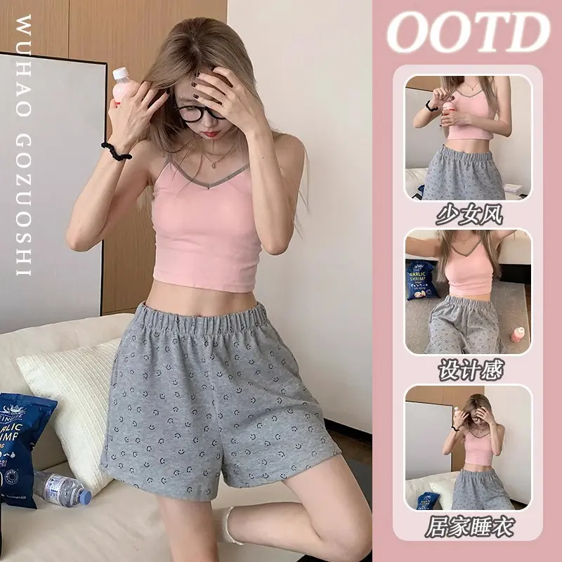 Áo Vest Không Đường May Dây Đeo Mùa Hè, Thiết Kế Dễ Thương Và Gợi Cảm, Có Đệm Ngực, Quần Đùi, Đồ Ngủ, Dành Cho Nữ, In Hình Mặt Cười, Thiết Kế Đẹp, Thích Hợp Mặc Nhà Top