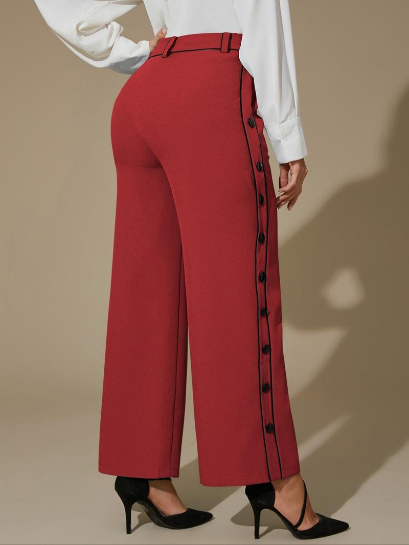 Product Introduction of Women's Colorblock Button Wide Leg Pants, Casual Comfy High Waist Trousers for Daily Wear, Ladies Bottoms for All Seasons 14