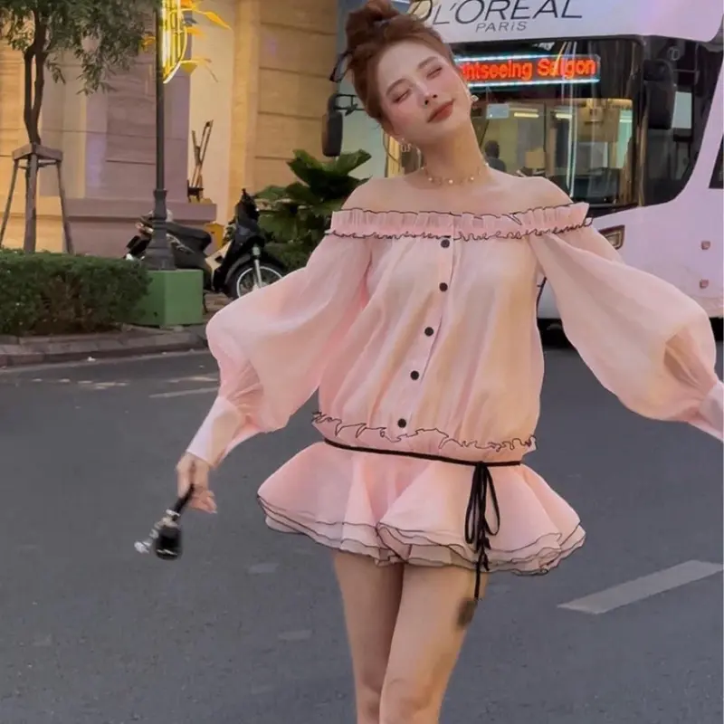 Váy trễ vai bèo viền đen chất tơ xốp dáng bí có quần rời - Nữ - Women - Tre Dress Teheeshop váy  tiệc 4