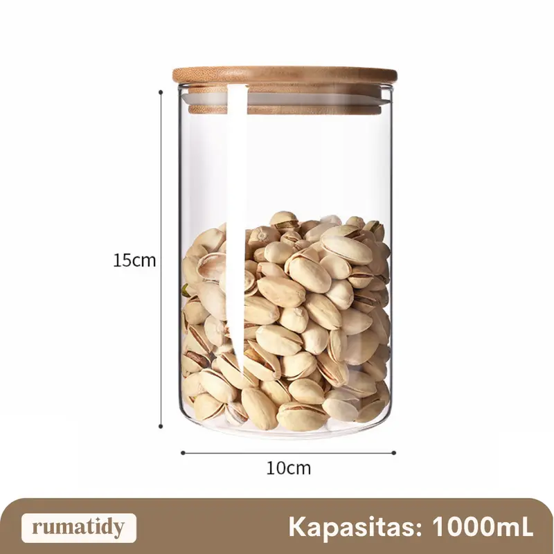 [DIAMETER 10cm] SATUAN MOJA Toples Snack Kaca Bulat Tutup Kayu Borosilicate Diameter 10cm Kedap Udara Makanan Tempat Penyimpanan Cereal Toples Kotak Bening Kontainer Makanan 1