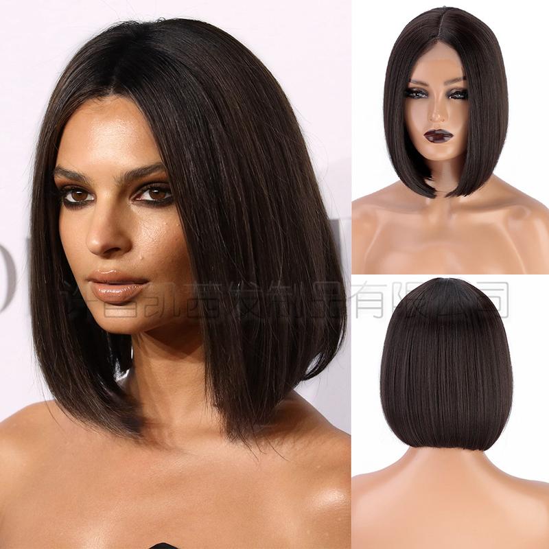 Xuchang Wig European and American Medium Short Straight Hair Bobhaircut Wig Female Hair Wigs Front Lace Wig Head Cover on Sale 0