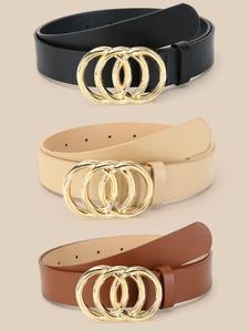 Cinturones con Hebilla de Anillos Triples Dorados Cinturón de Cuero PU de Color Sólido Simple para Jeans y Pantalones Cinturón para Vestidos y Abrigos para Mujeres