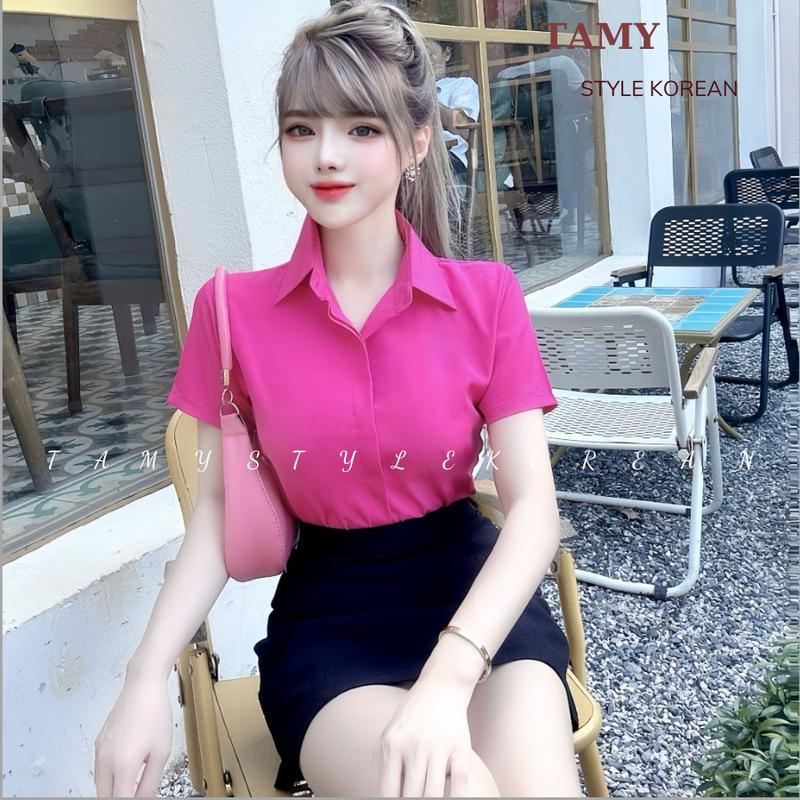 Áo sơ mi nữ trơn tay ngắn không nhăn nẹp đôi giấu nút form rộng - áo sơ mi nữ công sở chất lụa kate trẻ trung, năng động. 3