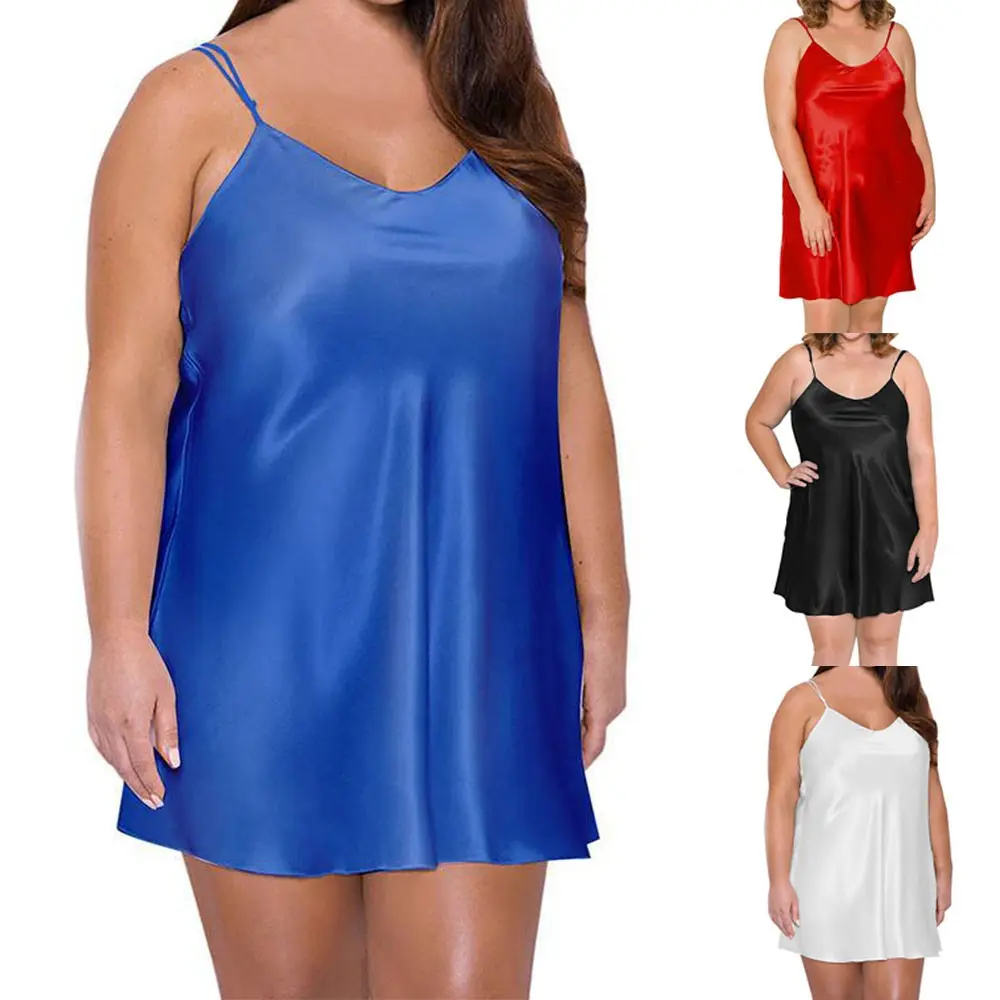 Plus Size Women Sexy Lingerie Nightgown Satin Silk Robe Mini Dress Sleepwear