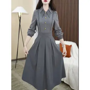 [clearance] FADFAD Gaun Dua Potong Palsu Sambungan Bergaris untuk Wanita dengan Rok Berlipat Kerah Polo