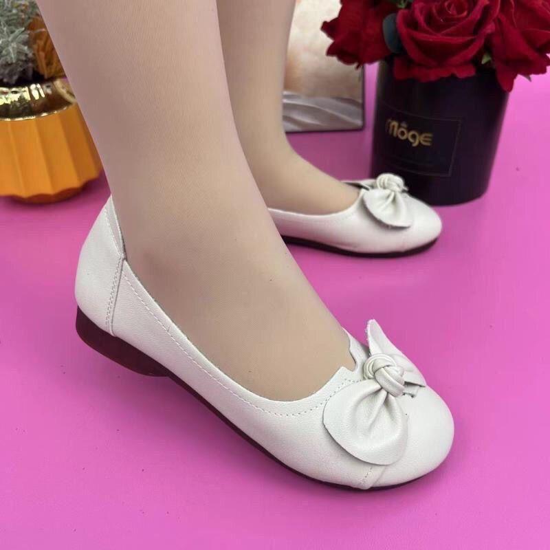 Mom Shoes, Da Thật, Đế Mềm, Bề Mặt Mềm, Thiết Kế Gân Bò Nơ, Đế Bằng, Không Trơn Trượt, Bơm Cắt Nông, Thoải Mái Cho Nữ, Phát Hành Năm 2024 2