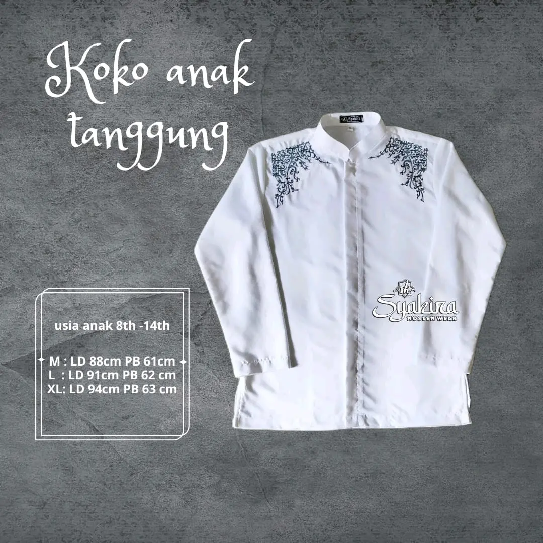 KOKO ANAK TANGGUNG PUTIH BORDIR ( Anak usia 8-14 th ) Katun / Nyaman / Muslim