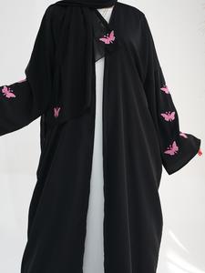 Women's Butterfly Embroidery Flounce Sleeve Abaya, Modest Long Sleeve Open Front Abaya for Daily Wear, Women's Islamic Clothing for All Seasons