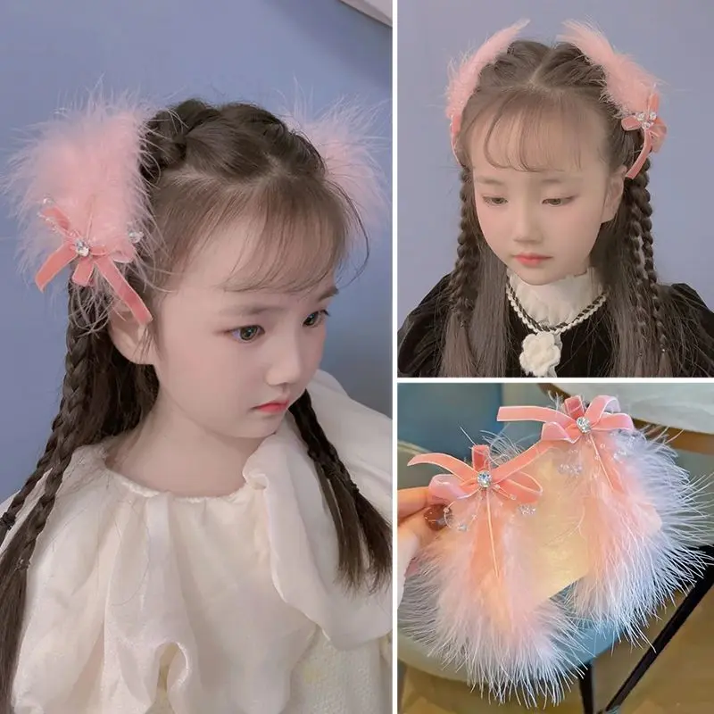 Kẹp Tóc Lông Vũ, Siêu Thanh Lịch, Dành Cho Bé Gái, Nơ Nhung, Kim Cương Giả, Một Cặp Kẹp Tóc, Công Chúa Nhỏ Ngọt Ngào, Phong Cách Thanh Lịch, Kẹp Bên Lux, Hàng Mới Về