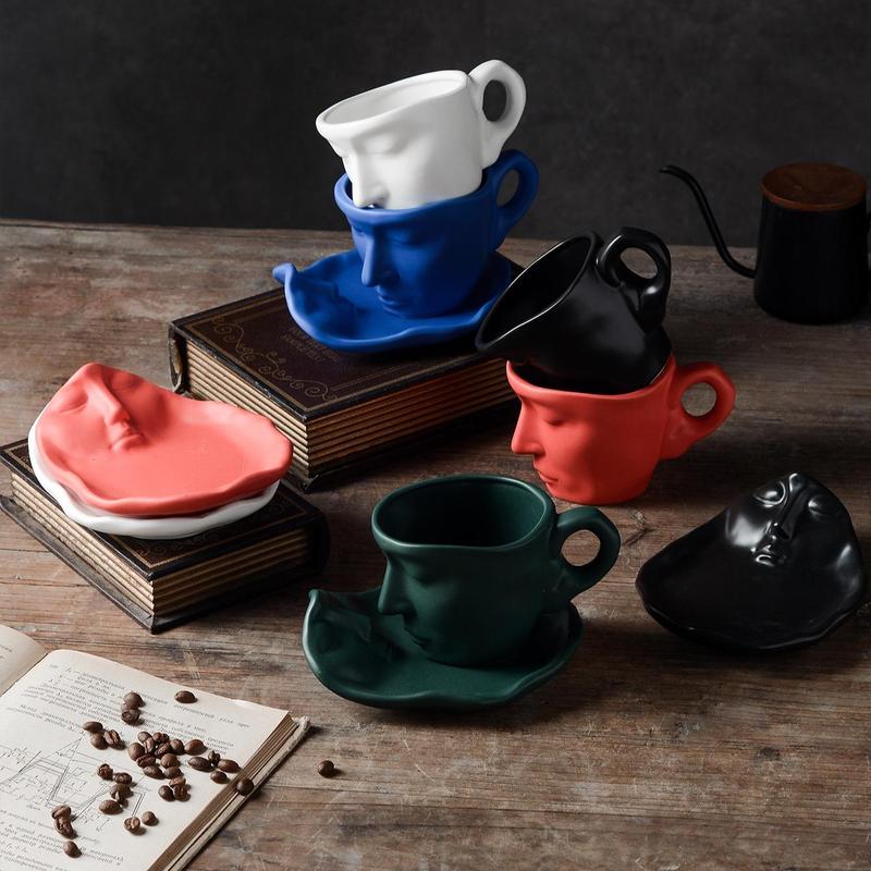 Creative Face Design 250ml Coffee Cup & Saucer Set, 2pcs Ceramics Coffee Mug for Table Novelty Coffee Cup Set for Home Office, Gift Ideas 4