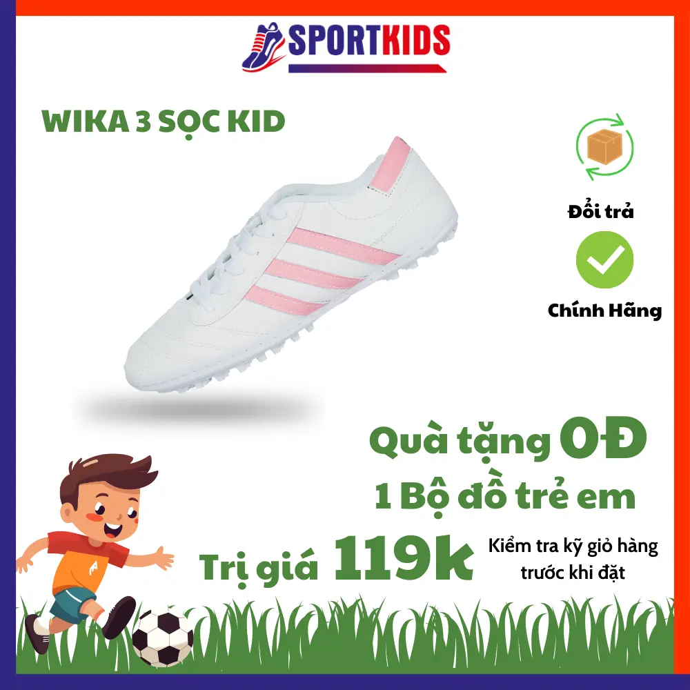 Giày Đá Bóng Trẻ Em Wika Ba Sọc Ct3, Giày Đá Banh Thể Thao 3 Sọc Khâu Đế Toàn Bộ Thiết Kế Ôm Chân Cho Bé
