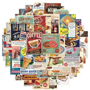 Pegatinas decorativas de patrones de comida y bebida vintage, 50 piezas por set, papel decorativo autoadhesivo impermeable, pegatina decorativa para tarjetas de felicitación, botellas de agua, laptops y teléfonos