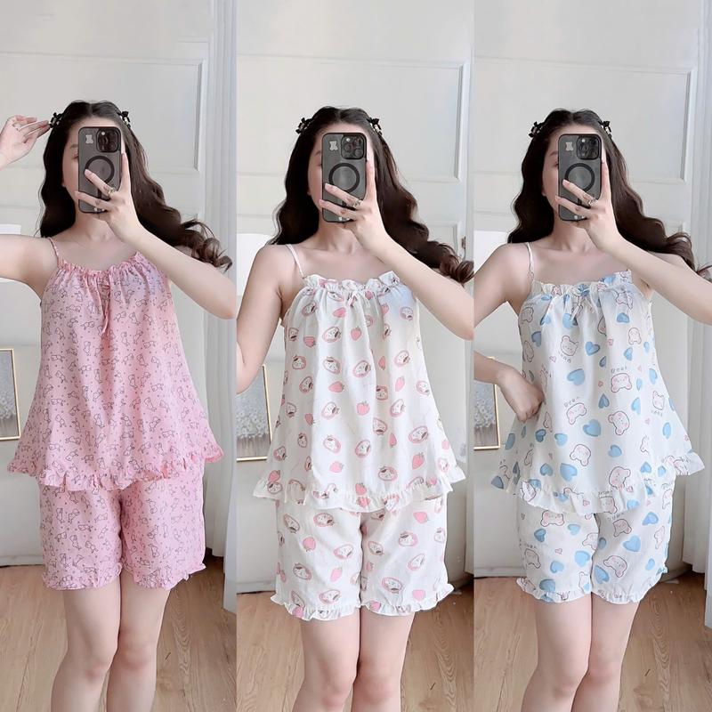 Đồ bộ 2 dây chât cotton hàn, đồ ngủ nữ họa tiết dễ thương