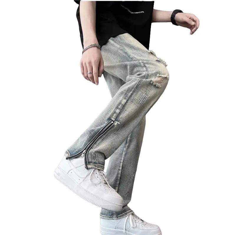 Quần Jean Rách Gối Ống Suông Baggy Xanh Wash Khói Dài Chùm Giày Chất Denim Mềm Mịn có Khoá Kéo Dưới và Có Túi Pants. Menswear Retro phối đồ hot trend - JENA1102 Ong Kem #OOTD