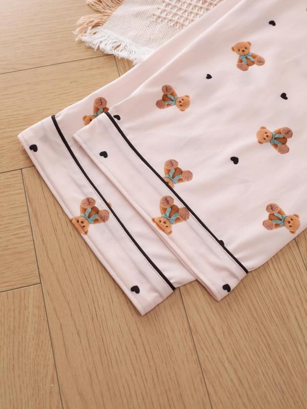 Women's All Over Bear Print Pajama Two-piece Set, Long Sleeve Lapel Neck Button Up Top & Pants PJ Set, Casual Comfy Pyjama Set for Women, Loungewear 7