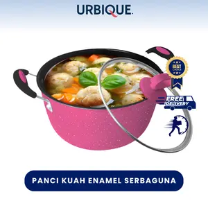 URBIQUE - Panci Kuah Warna GSF with Tutup Kaca / Panci Kuah Enamel 20cm / Panci Sop Saucepan 24 cm 4124 4120 Biru Merah