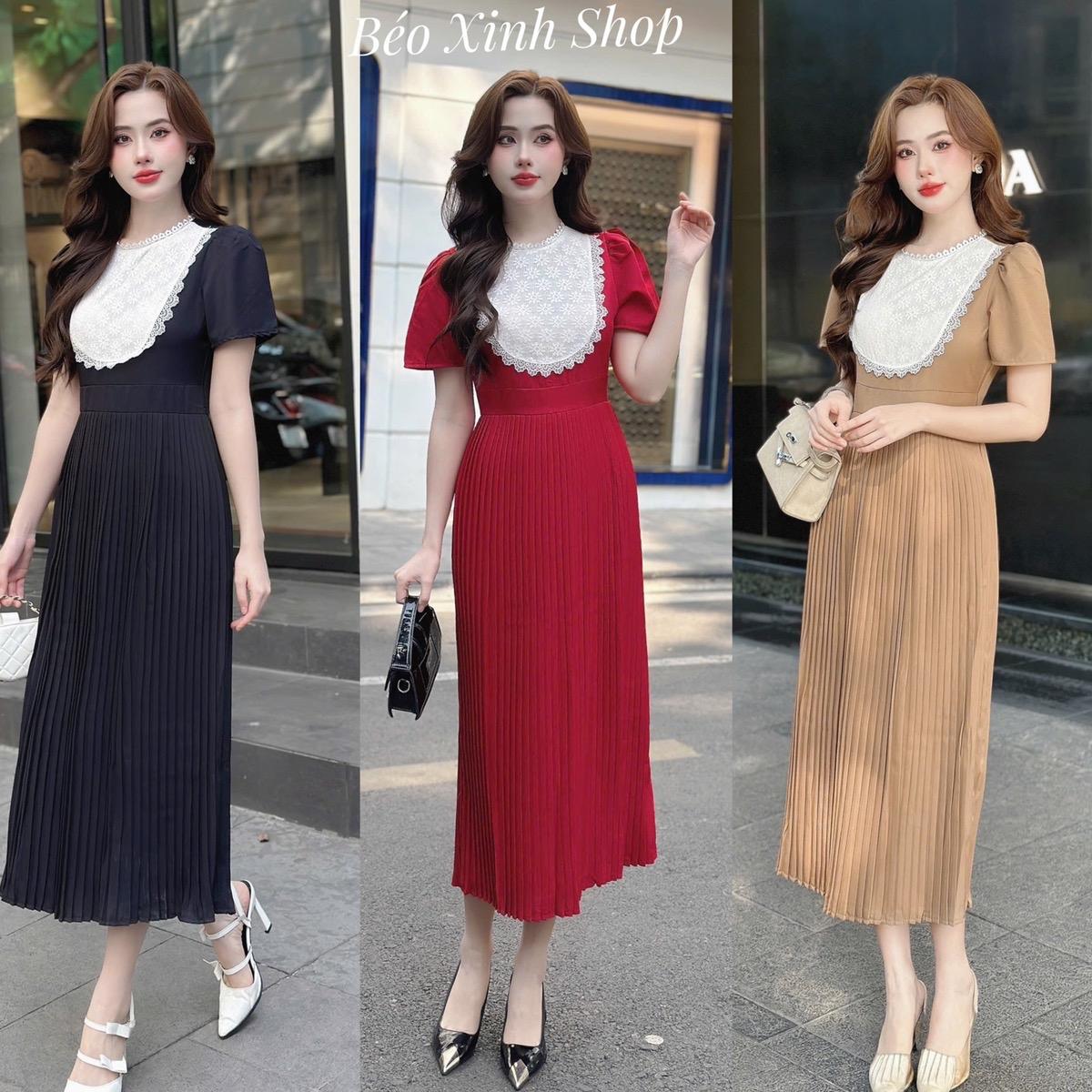 Váy Dự Tiệc Nữ Xếp Ly Phối Yếm Ren Cao Cấp Thanh lịch 40 - 95Kg Có Bigsize Béo Xinh Shop - A.1424