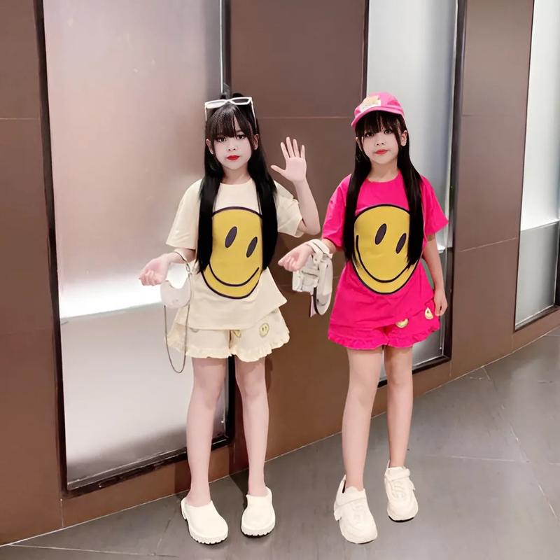 4-14 TUỔI Bộ quần áo bé gái áo cộc tay in hình mặt cười dễ thương chất vải cotton mềm mịn.M19 1