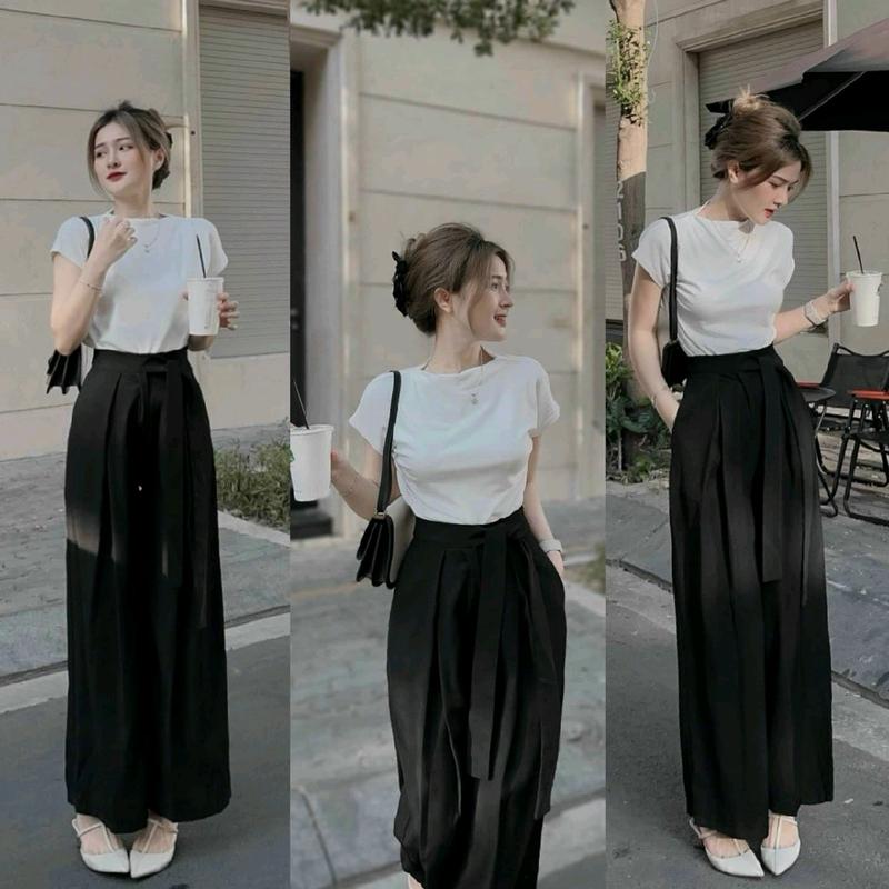 Sét bộ thời trang nữ sang chảnh mặc đi chơi áo tăm gân cổ tròn tay ngắn mix quần ống rộng siêu xinh qc Women Top 1