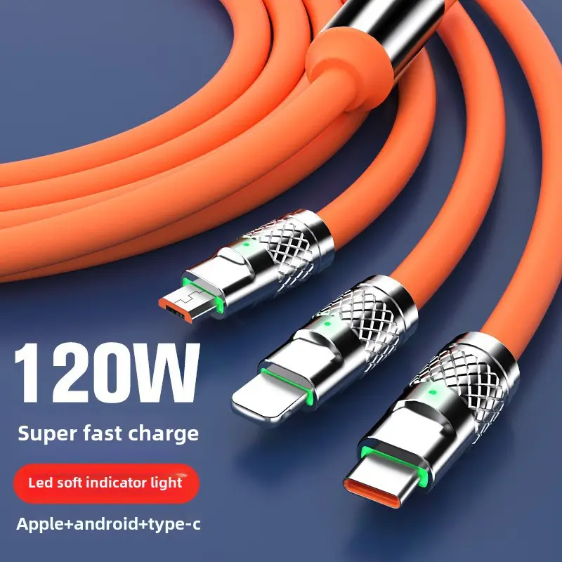 Silicone Geek Data Cable 3-in-1 Charging Cable One-to-Three 120W Super Fast Charging Geek Cable Compatible with TYPE-C android smart usb