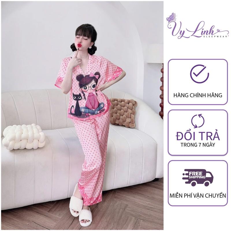  Bộ Đồ Pijama Quần Dài Hoạ Tiết Mèo Dễ Thương Chất Liệu Lụa Latin Mềm Mại S1246 đồ  bộ váy  ngủ 