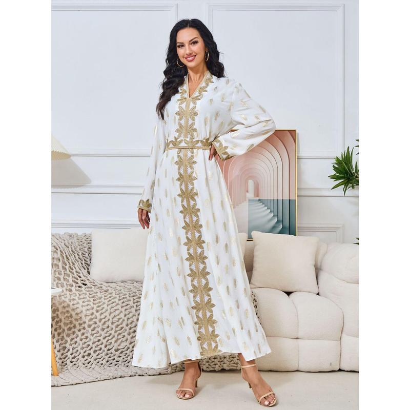 2025 Middle East New Fashion Women's Clothing Muslim Home Robe White Bronze Elegant V-neck Dress Abaya 5