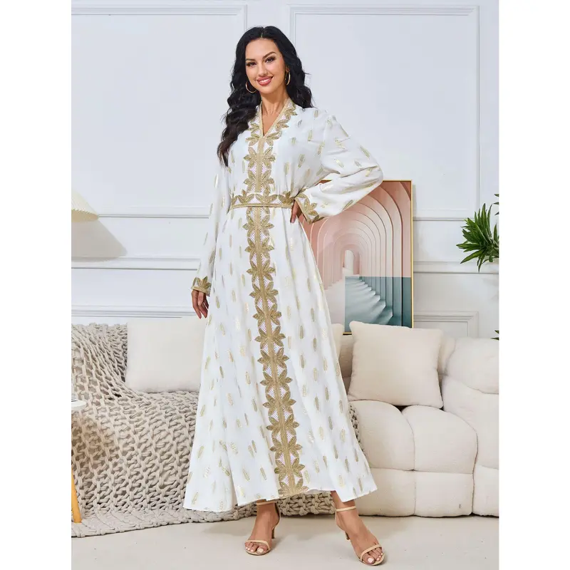2025 Middle East New Fashion Women's Clothing Muslim Home Robe White Bronze Elegant V-neck Dress Abaya 5