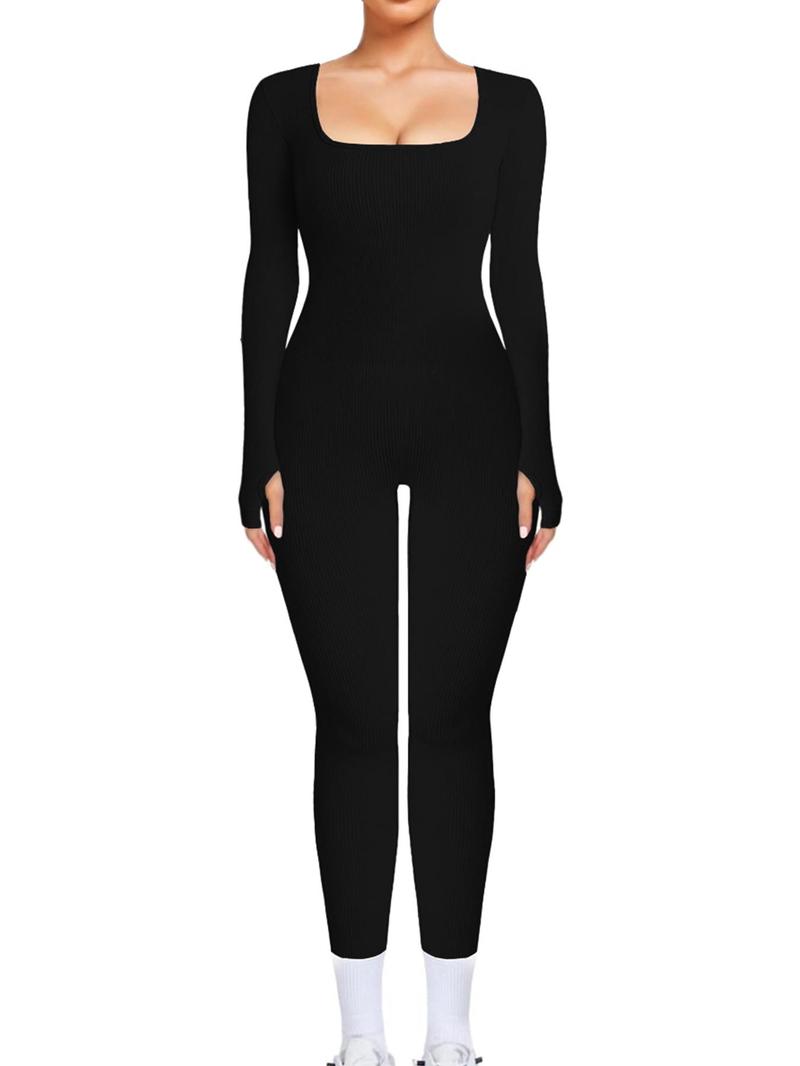 Product Introduction of Women's Solid Long Sleeve Square Neck Jumpsuit, Casual Comfy Skinny Jumpsuit for Daily Wear, Ladies Fall & Winter Clothes, Overalls 4