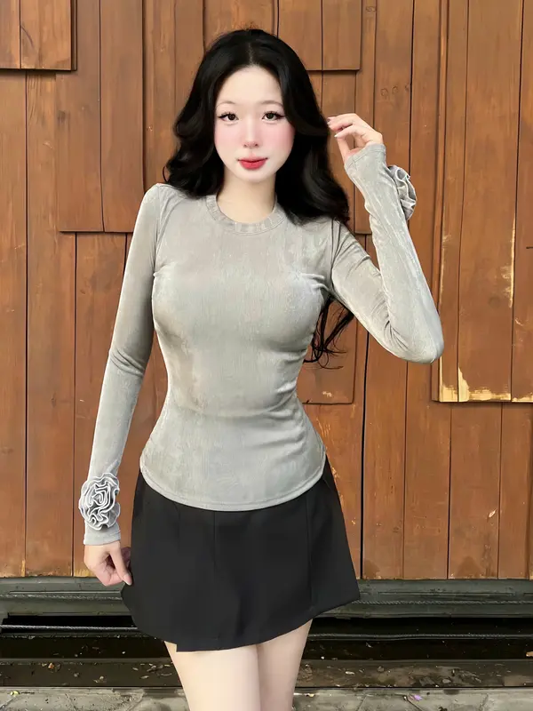A78- Áo thun tay dài nữ phom ôm cổ tròn tay đính hoa chất thun nhũ nhún kim, áo thun cổ tròn nữ, áo thun ôm tay dài nữ Women 3