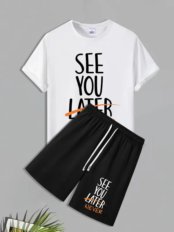Men's Slogan Print Crew Neck Tee & Drawstring Waits Shorts Two-Piece Set, Regular Fit Casual Comfy Round Neck Short Sleeve T-shirt & Pocket Shorts, All-Match Clothes Set for Daily Wear 2
