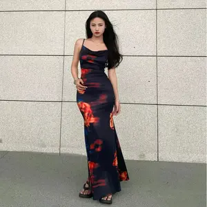 5805 korean floral long black off shoulder beach dress for women plus size  night party dress elegant dress wanita pantai bunga bunga Tanpa lengan