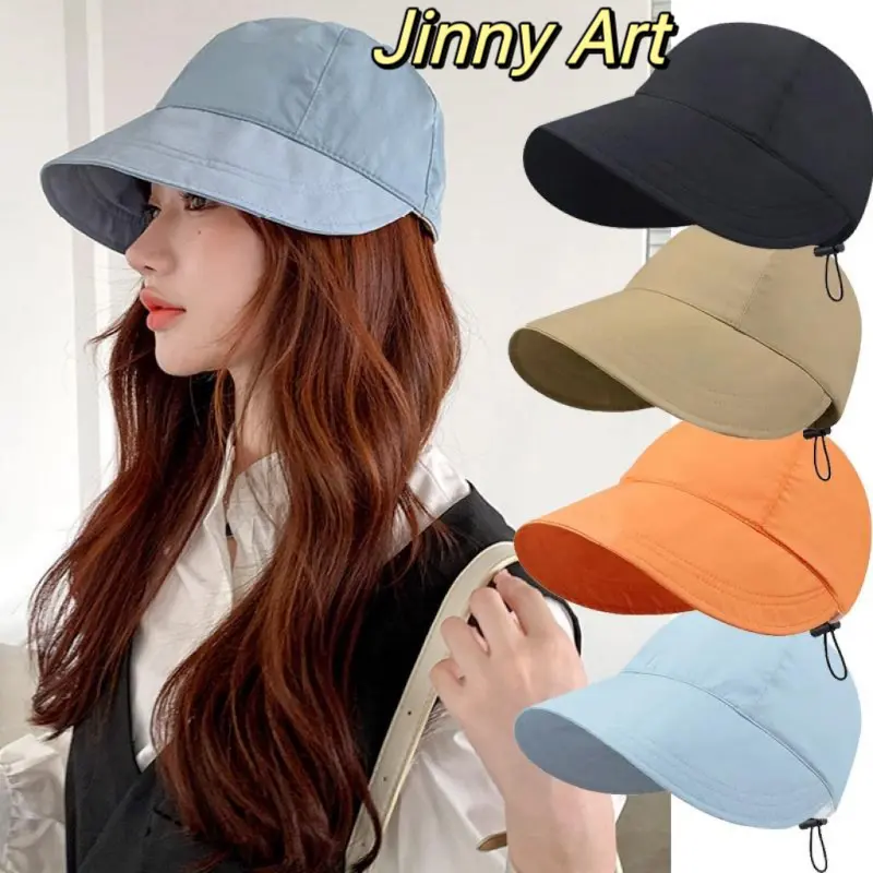 Women Foldable Sun Hat Solid Sunscreen Fisherman Caps Drawstring Wide Brim Summer Visor Hats