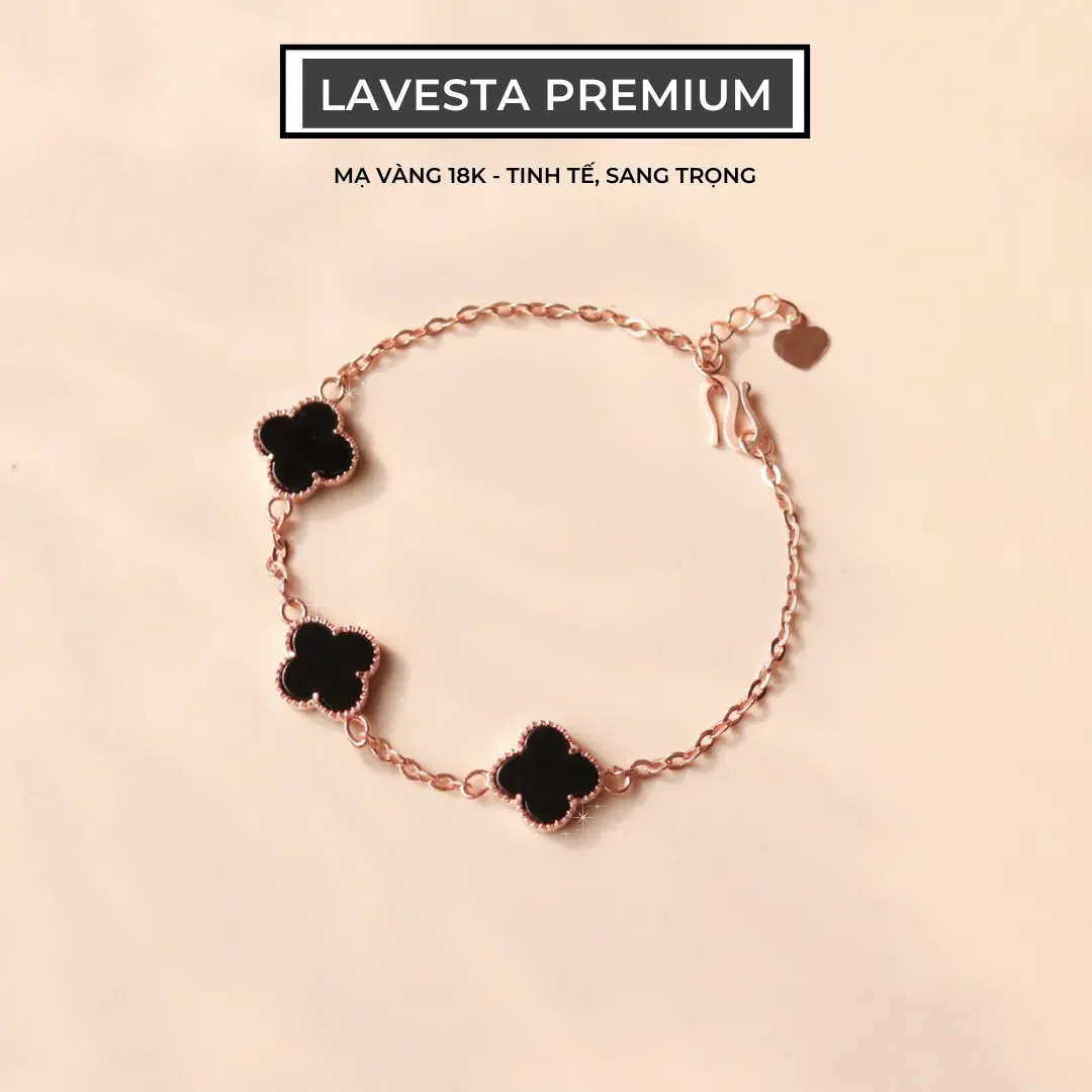 Lắc tay nữ mạ vàng hồng 18K cao cấp LAVESTA LAV042 cỏ 4 lá thiết kế đá đen sang chảnh, cuốn hút Larissa
