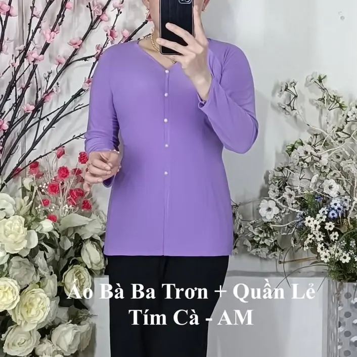 Áo bà ba màu tím cà thun solen mềm mịn co giãn khong nhão vãi khi giặt máy Cổ chữ V