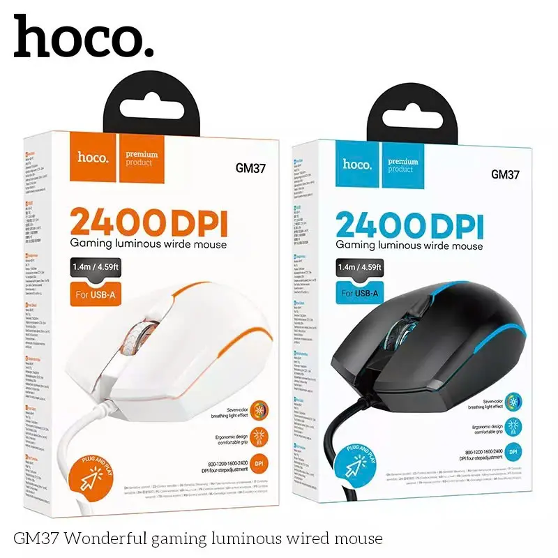 Chuột máy tính có dây Hoco GM37 Có Led RGB, chỉnh DPI 6