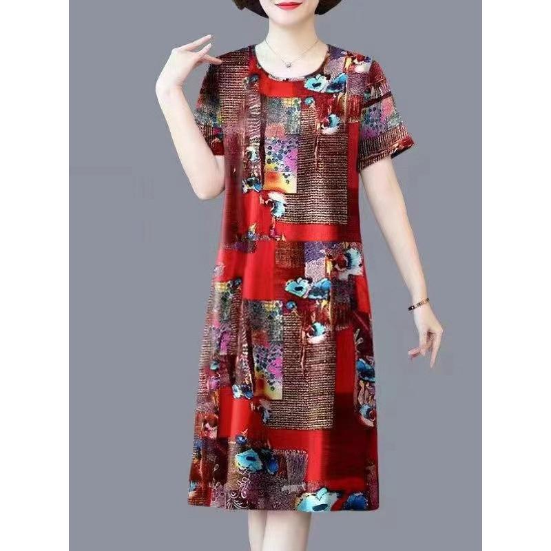 Váy Mùa Hè, Ngoại Cỡ, Cho Mẹ Trung Niên, Quá Gối, Vợ Và Mẹ TRUNG NIÊN Và CAO TUỔI, Váy ngắn Tay, Dáng Rộng Vừa Vặn, Thời Trang, Quần Áo Mùa Hè Nữ Women Dress Voan Đỏ 2
