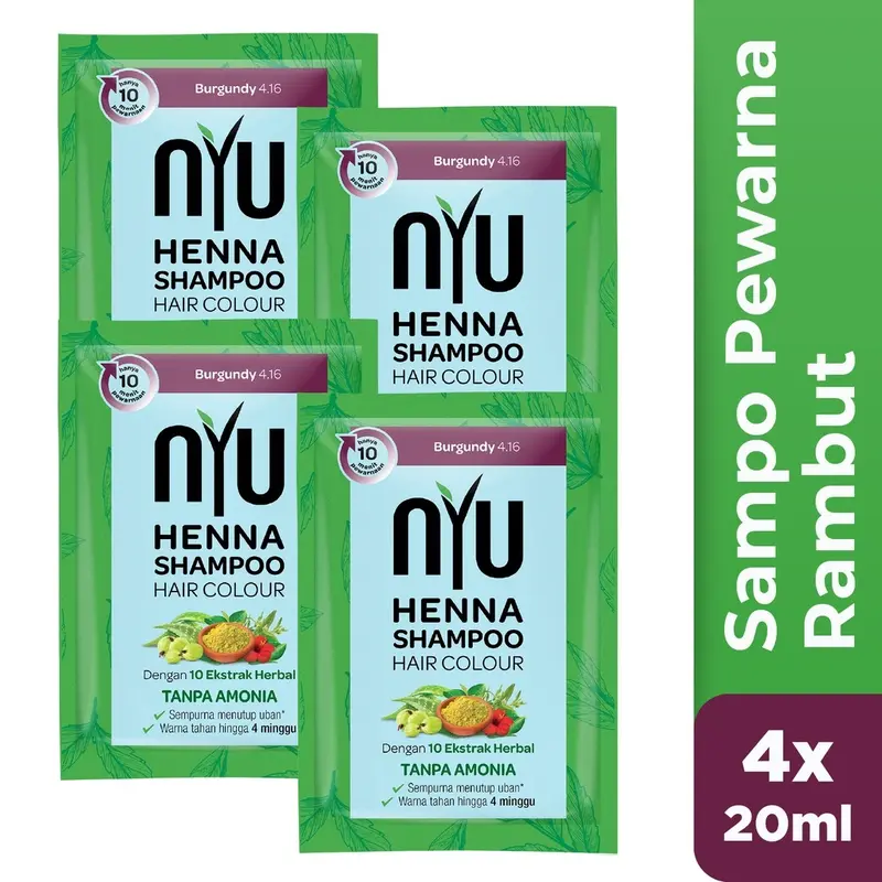 NYU Henna Shampoo Hair Colour 1 BOX Isi 4 Sachet 20 ml - Shampo pewarna rambu Dye Cat Mengcover Uban Dalam 10 Menit 6