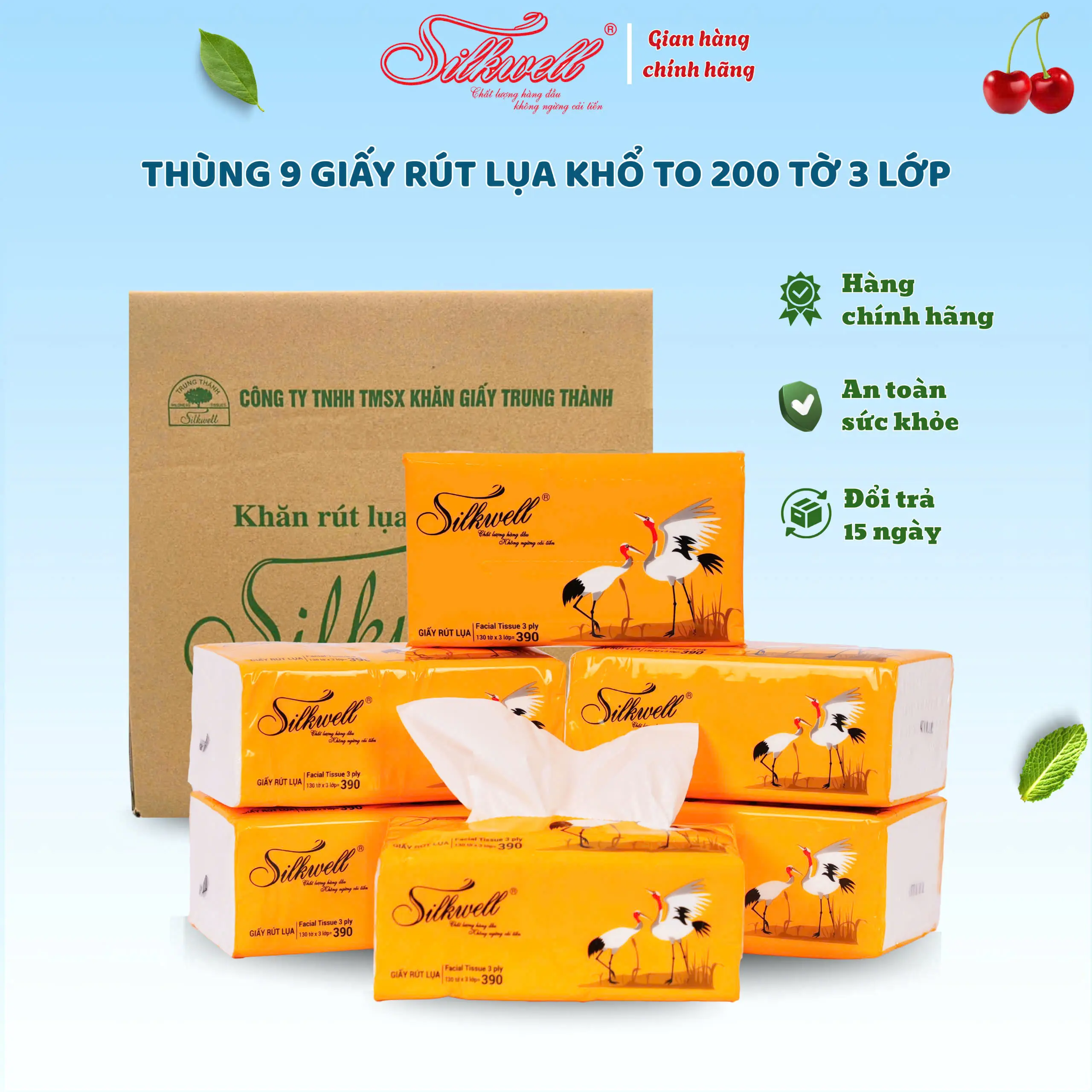 Thùng 9 Gói Giấy Ăn Rút Lụa Silkwell Sếu Cao cấp 200 Tờ 3 Lớp Siêu Dai, Mềm Mịn, Không Chất Tẩy Trắng Hàng Chính Hãng.
