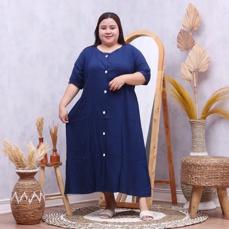 Daster rayon full kancing aktif jumbo LD 130 muat bb 100kg lengan pendek busui Polka Dot Belah Samping Wanita daster Bumil