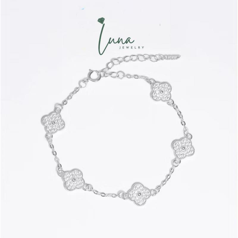 Lắc Tay Bạc Nữ Cỏ 4 lá 5 Hoa Trắng 8li Nhỏ Xinh, Vòng tay phụ kiện trang sức nữ L0030