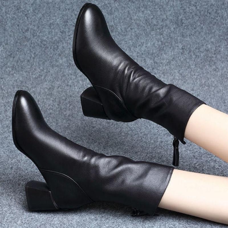 Bốt Cao Su Tổng Hợp, Bốt Cao Đến Mắt Cá Chân Mũi Nhọn Gót Chunky, Giày Da Gót Trung Bình Bốt Martin, Dành Cho Nữ, Bộ Sưu Tập Thu Đông, Hàng Mới Về 2023 5