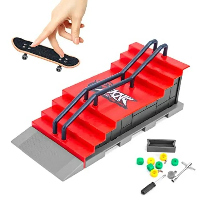 Finger Skateboard Set, Including 6 Counts Skateboard Tables, 6 Counts Random Colored Finger Skates, 1 Count Display Stand, 1 Count Pants, 1 Count Clothing & Random Color Accessory Bag, DIY Skate Park Ramp Parts, Interactive Finger Skateboards Track Kit 2
