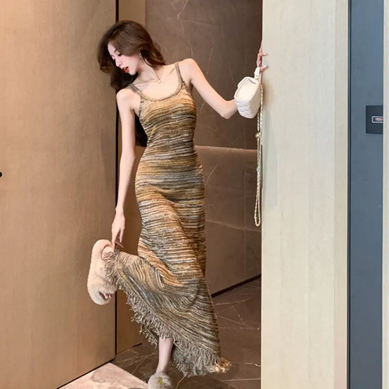 Váy Dệt Kim, Phong Cách Pháp, Dành Cho Nữ, Hàng Mới Về Mùa Thu, Thiết Kế Tua Rua Kẻ Sọc, Ôm Vừa Vặn, Bó Sát, Áo Vest, Váy Dài, Đẹp 2