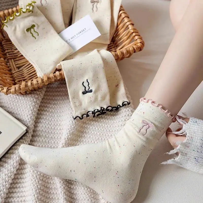Set 10 đôi tất vớ nữ cổ cao chất thun cotton co giãn 4 chiều mềm mịn cổ phối nhún hoạ tiết hình nơ cực xinh