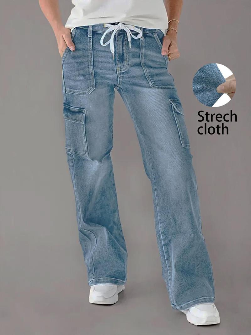 Product Introduction of 【Plus Size】 Solid Tie Front Pocket Cargo Jeans, 1 Count Casual Street Fashion Denim Pants for Daily Wear, Women's Bottoms for All Seasons 2