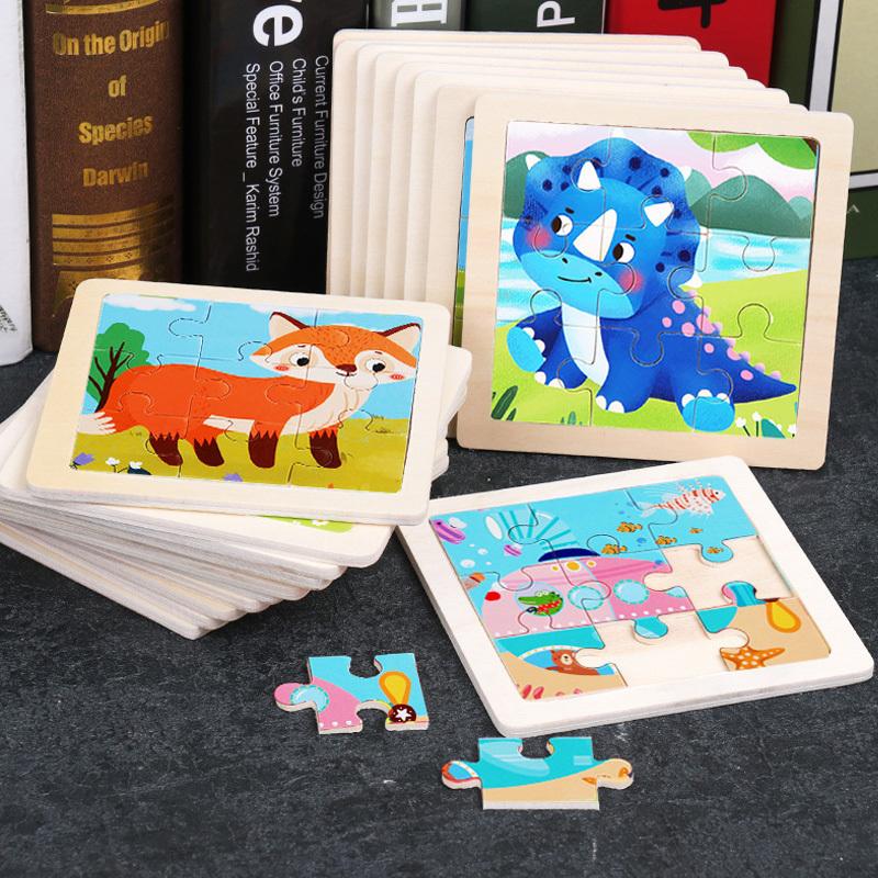 Baby Wooden Toys 11x11cm Jigsaw 3D Puzzle Cartoon Animal Traffic Wooden ...