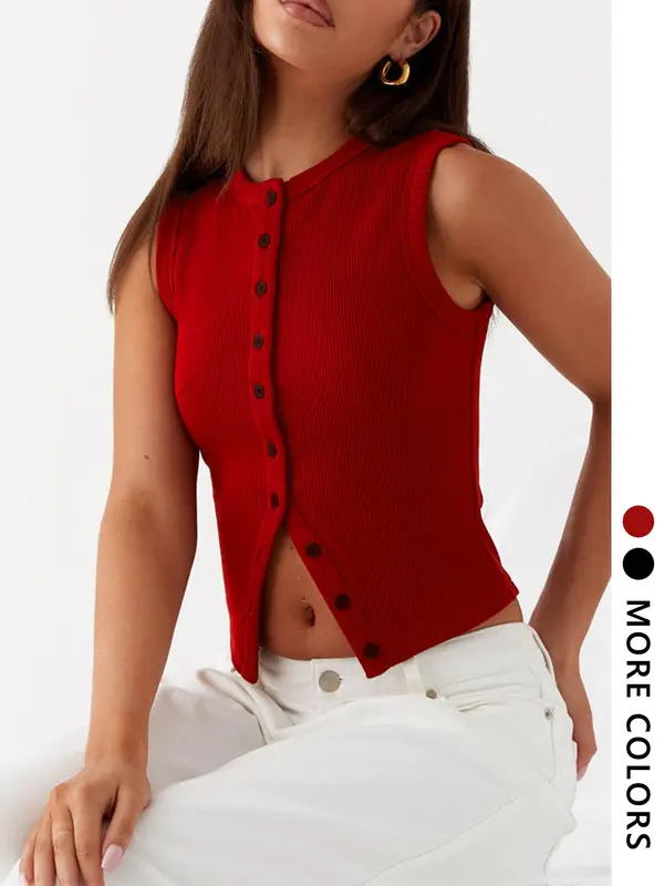 Women's Solid Color Front Buckle Crop Vest, Casual Sleeveless Ribbed Crop Top for Summer Daily Wear, Ladies Clothes for All Seasons 4