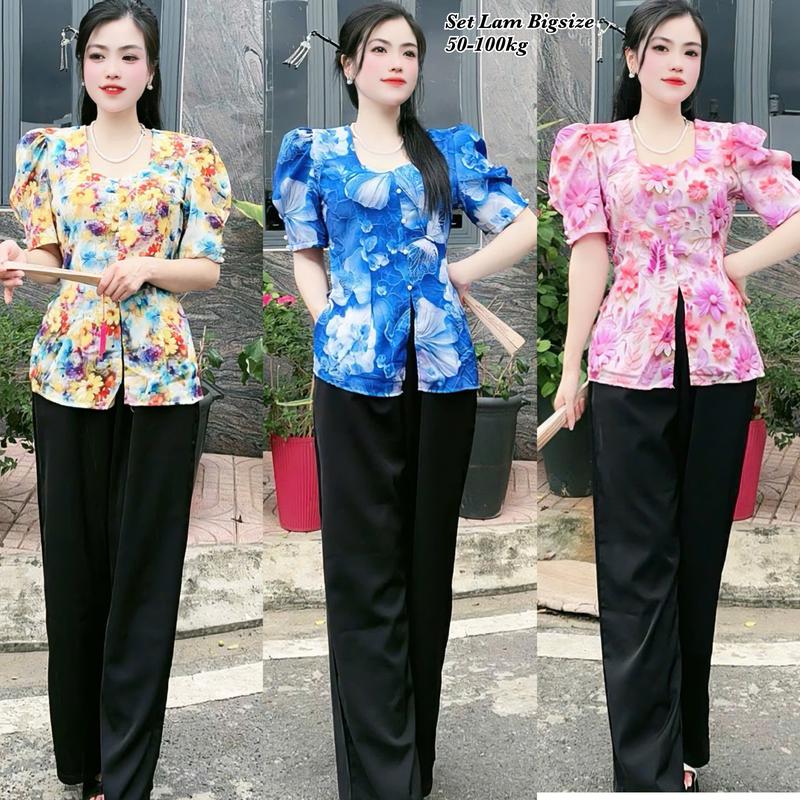 Set Bộ Đồ Bà Ba Bigsize Nữ Mặc Nhà Đi Lễ Chùa Áo Hoa Cổ Vuông Đính Ngọc Trai Kèm Quần Dài Vải Lụa Mango Cao Cấp Thanh Lịch Sang Trọng 50-95kg Áo Top Đồ Lam Pháp Phục Bigsize Women Tay Loe Nhung Ống Loe Dài Tay Đen Voi Ong dobo nguoi - 2332